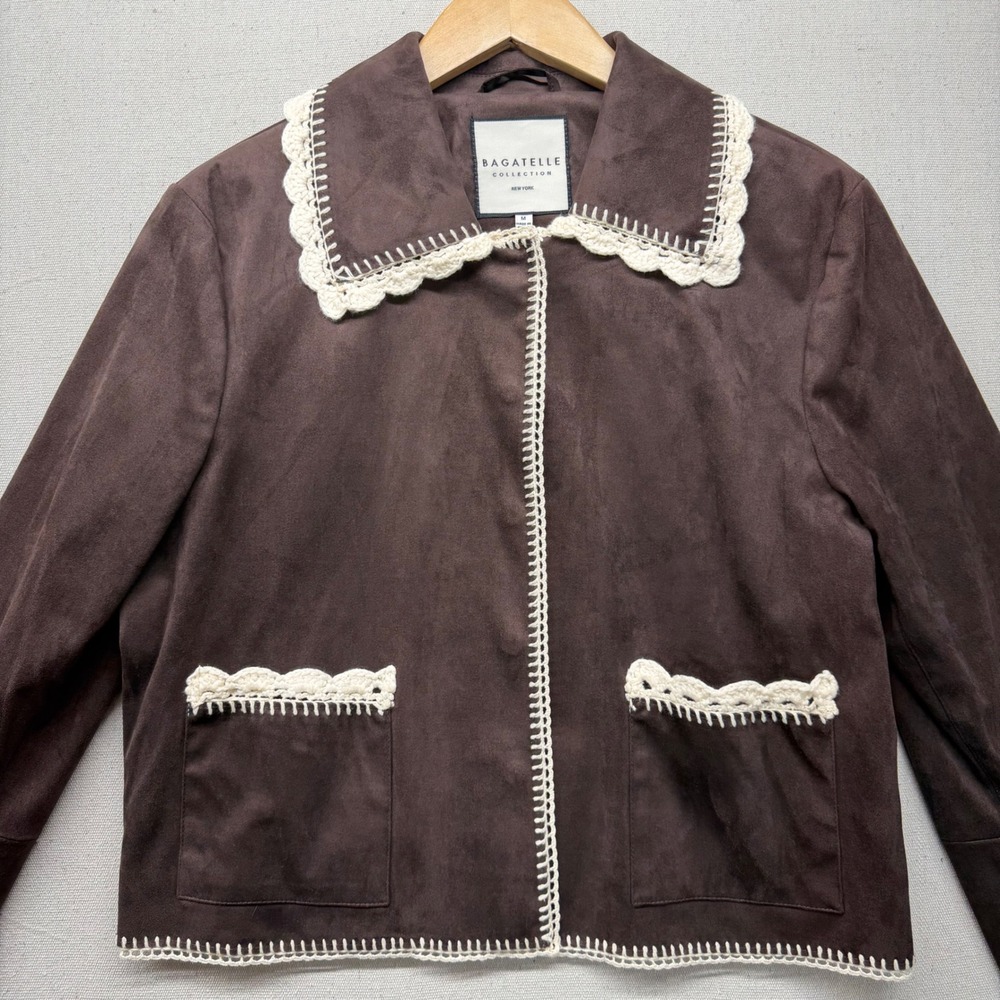 Bagatelle Collection Brown Faux Suede Crochet Trim Jacket Cottagecore Coat 85110 - Picture 3 of 15